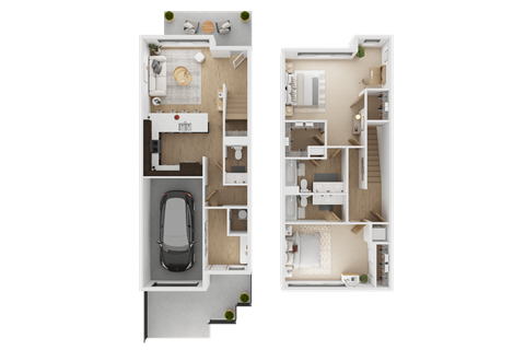 A floor plan of a two-bedroom apartment with a garage  at Spyglass Hill Apartments, Bremerton, 98337
